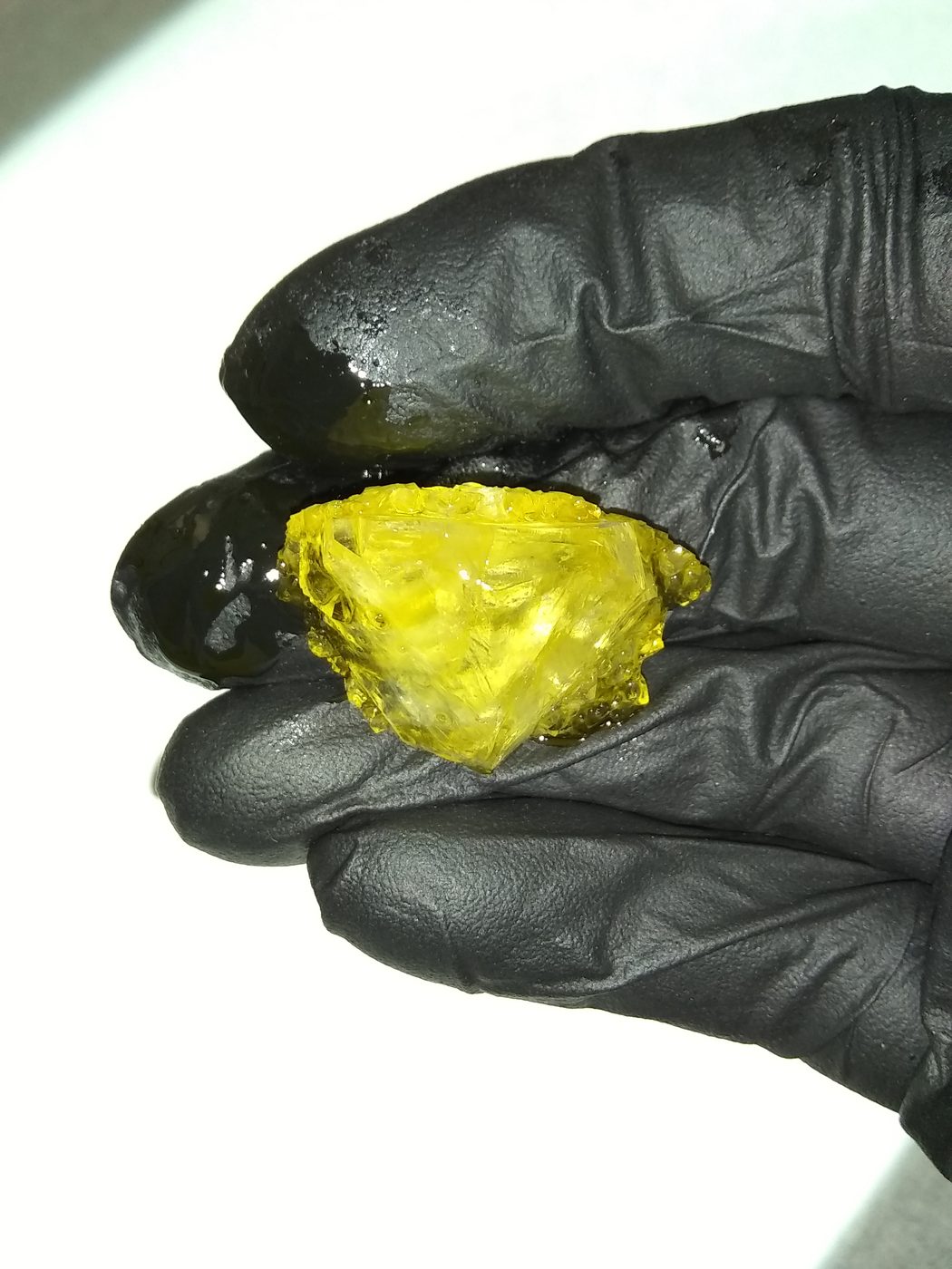 A large amber THCA diamond held in a gloved hand